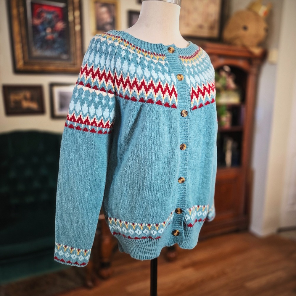 Blue Cardigan Fair Isle Button‎ Front Sweater Knit Cozy Winter Pullover